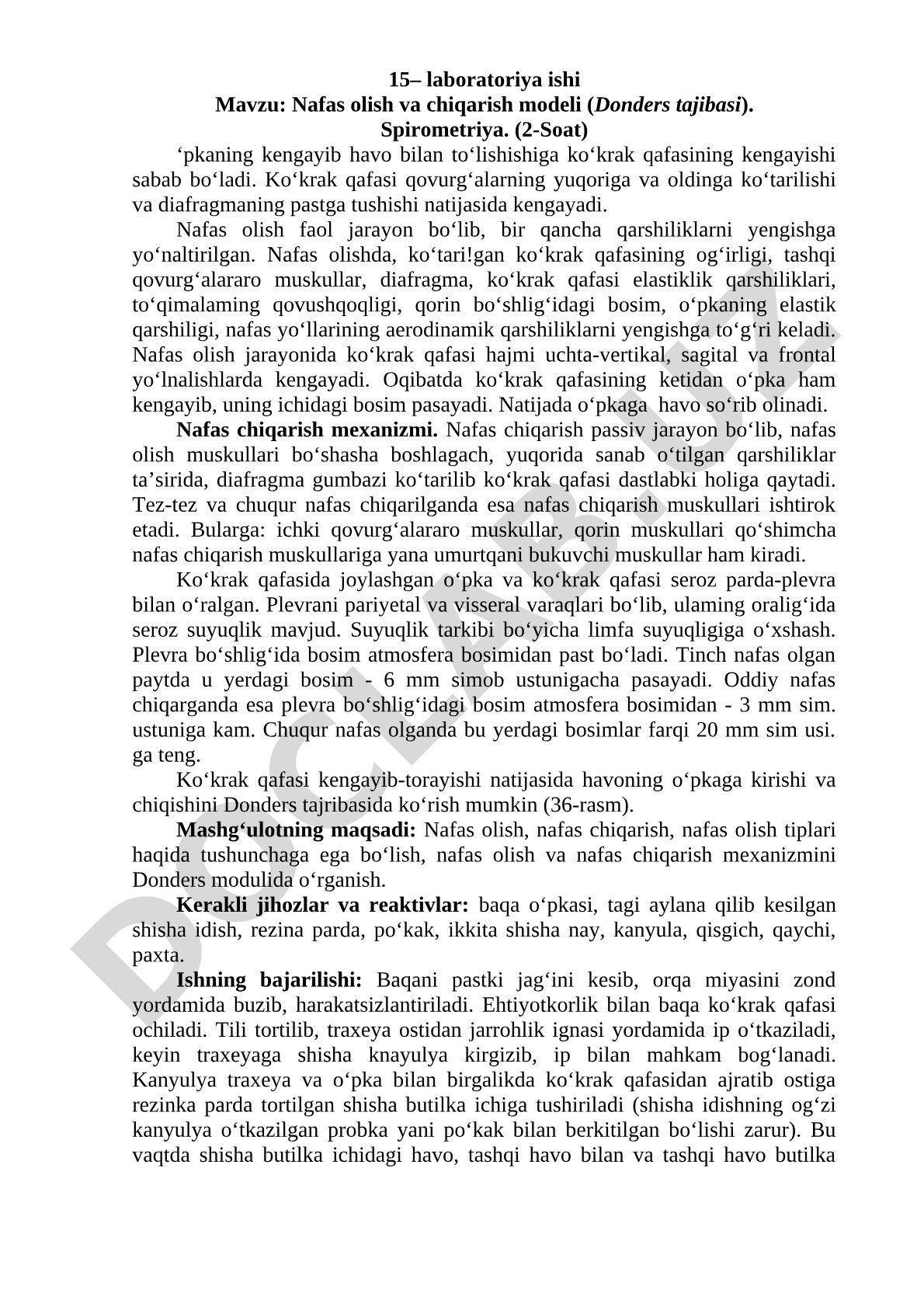 Nafas olish va chiqarish modeli (Donders tajribasi). Spirometriya