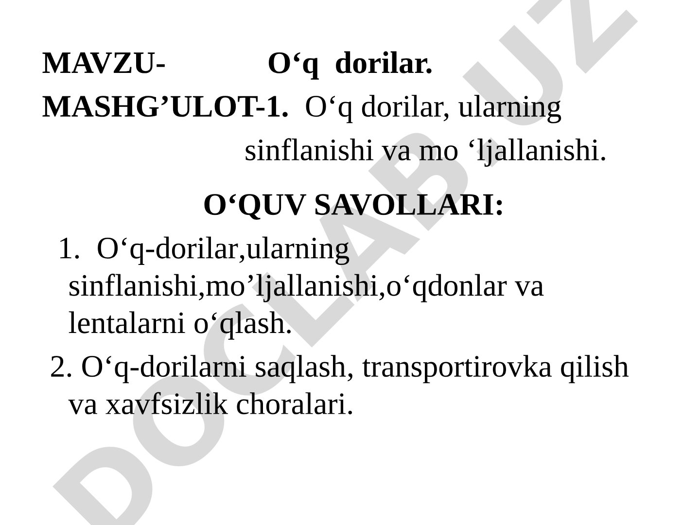 O‘q dorilar, ularning sinflanishi va mo‘ljallanishi