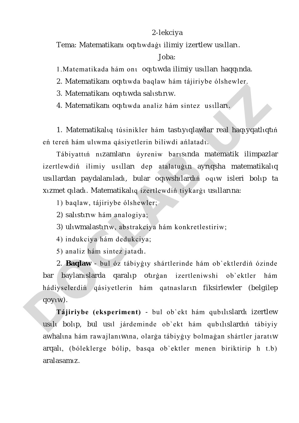 Matematikanι oqιtιwdaġι ilimiy izertlew usιllarι
