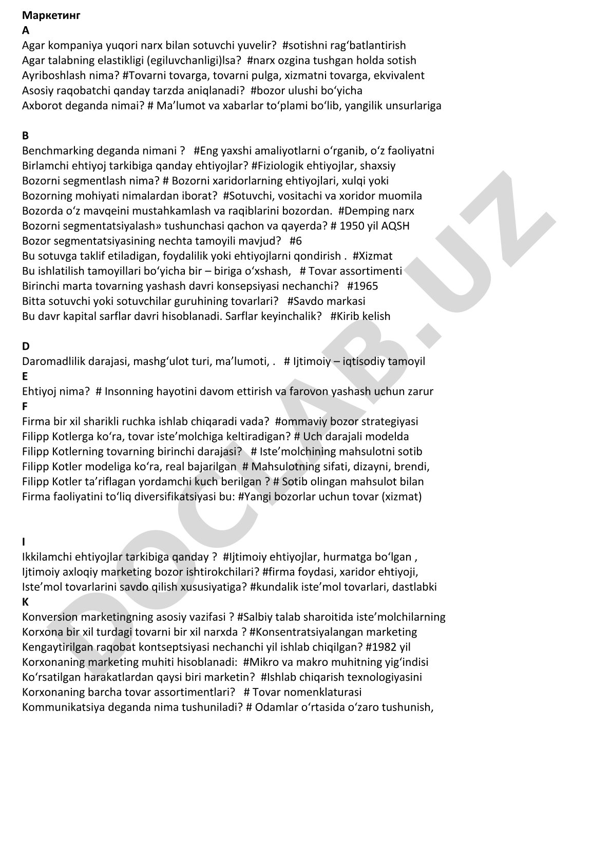 Marketing bo'yicha savol-javoblar
