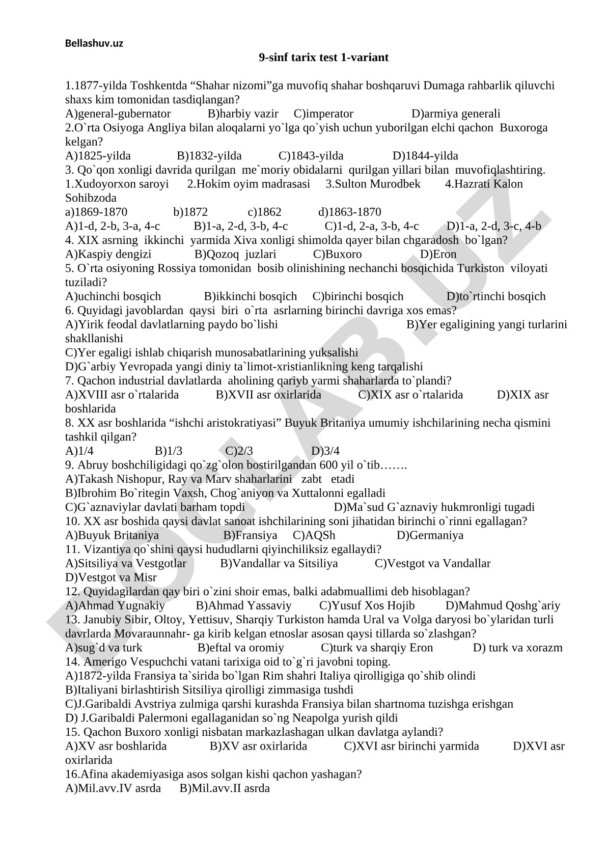 9-sinf tarix fanidan 1-variant test savollari