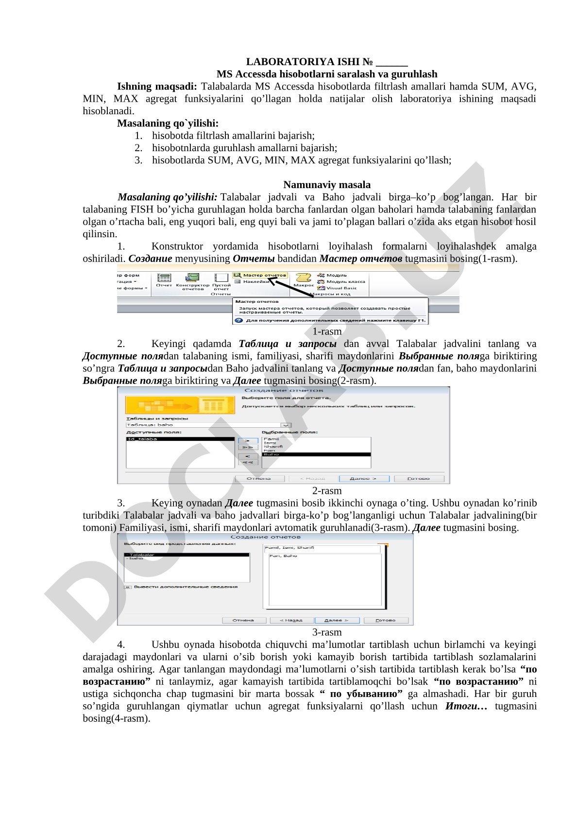 Laboratoriya ishi MS Accessda hisobotlarni saralash va guruhlash