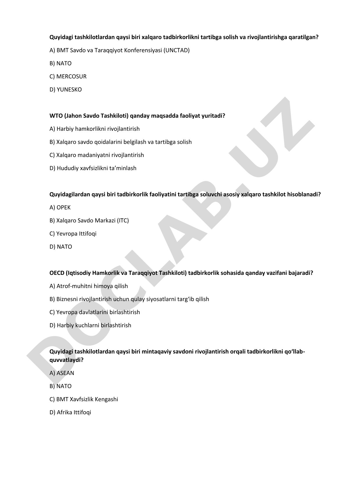 Xalqaro tadbirkorlik tashkilotlari bo'yicha test savollari