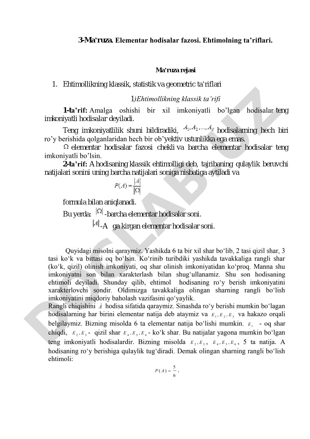 Elementar hodisalar fazosi. Ehtimolning ta’riflari