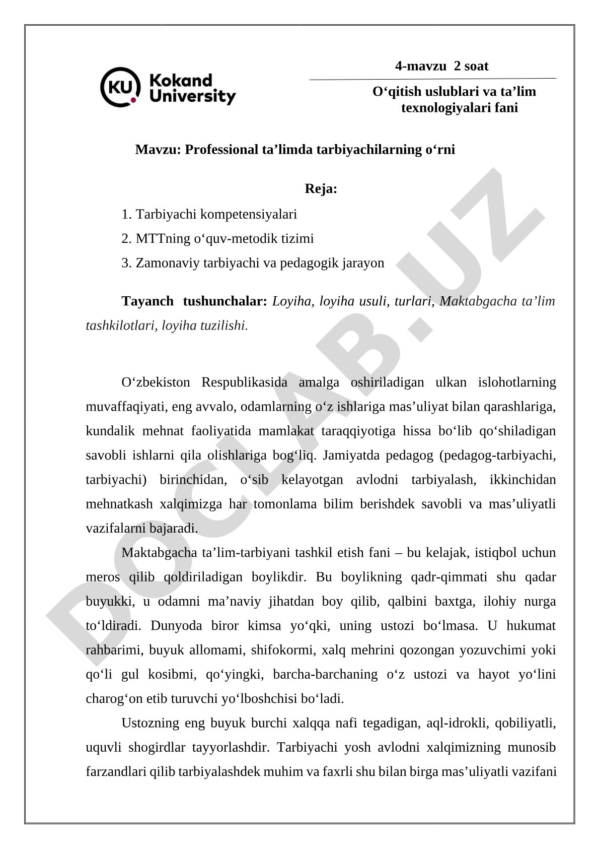 Professional ta'limda tarbiyachilarning o'rni