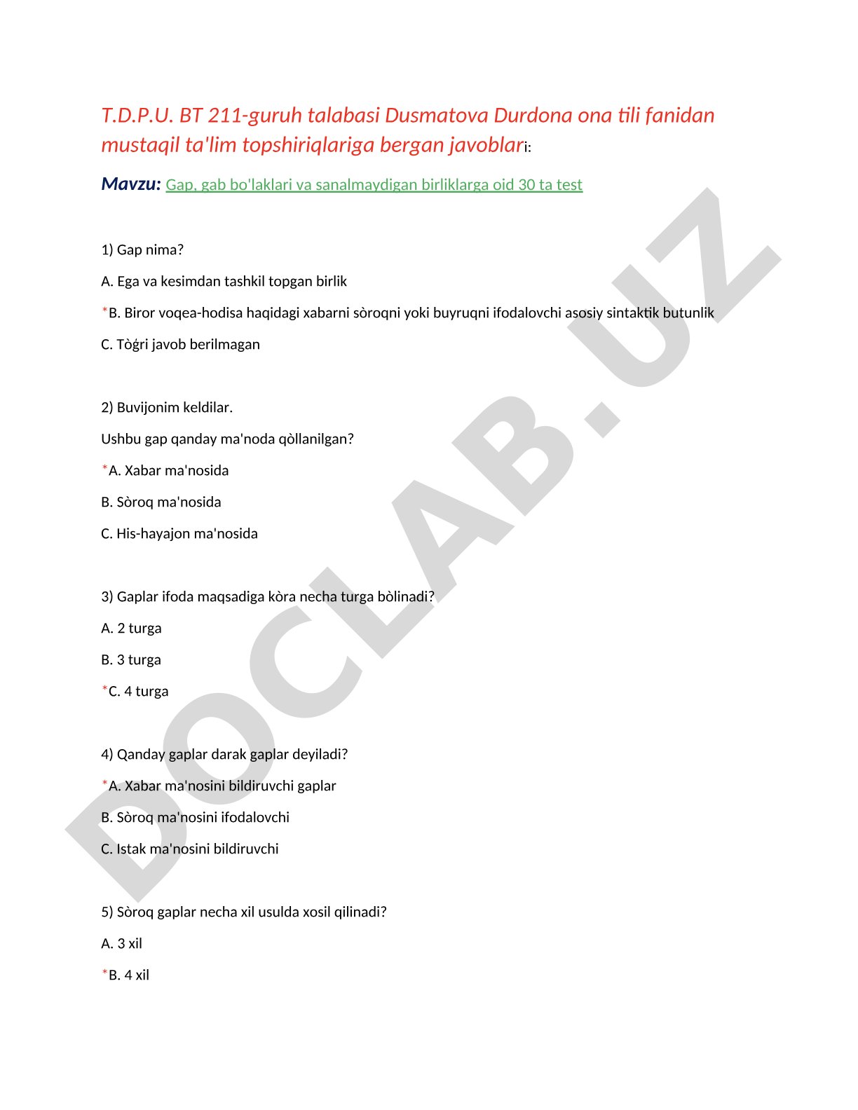 Gap, gab bo'laklari va sanalmaydigan birliklarga oid 30 ta test