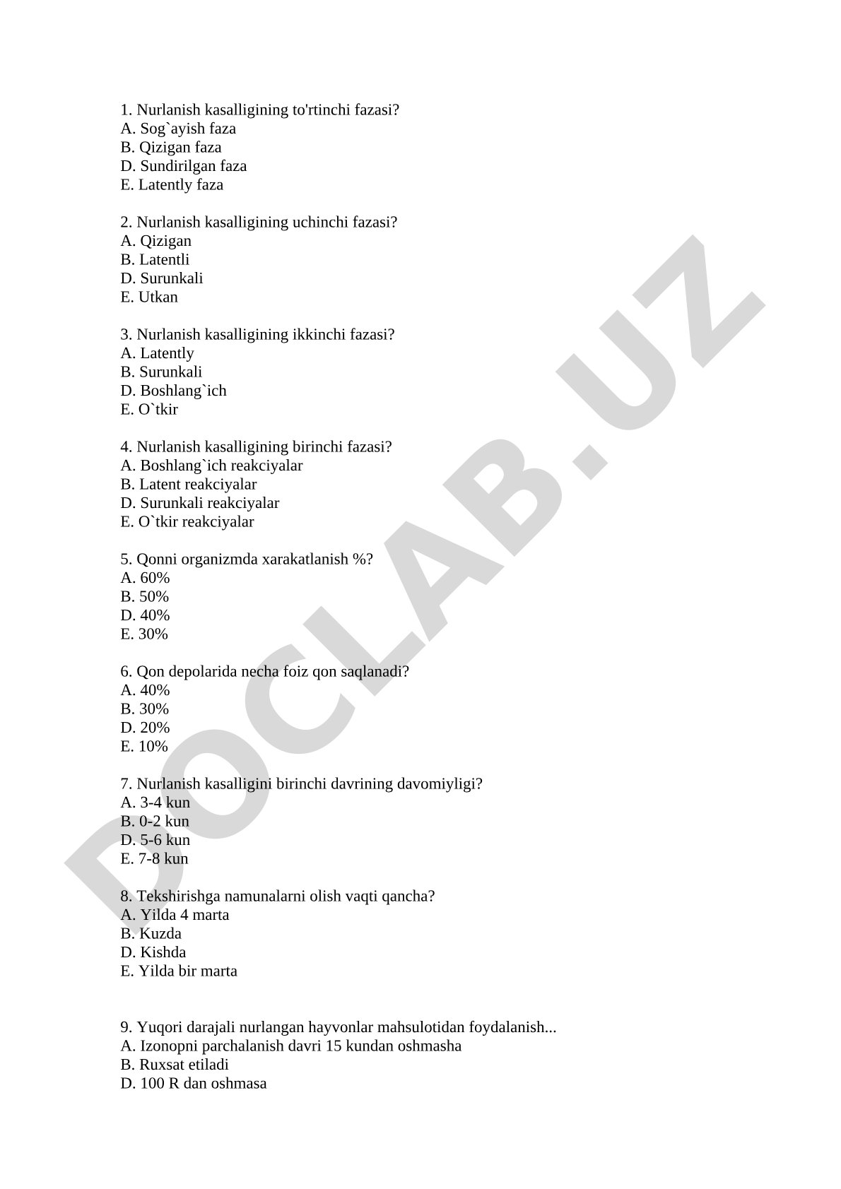Nurlanish kasalligi fazalari va qon aylanishi bo'yicha test savollari
