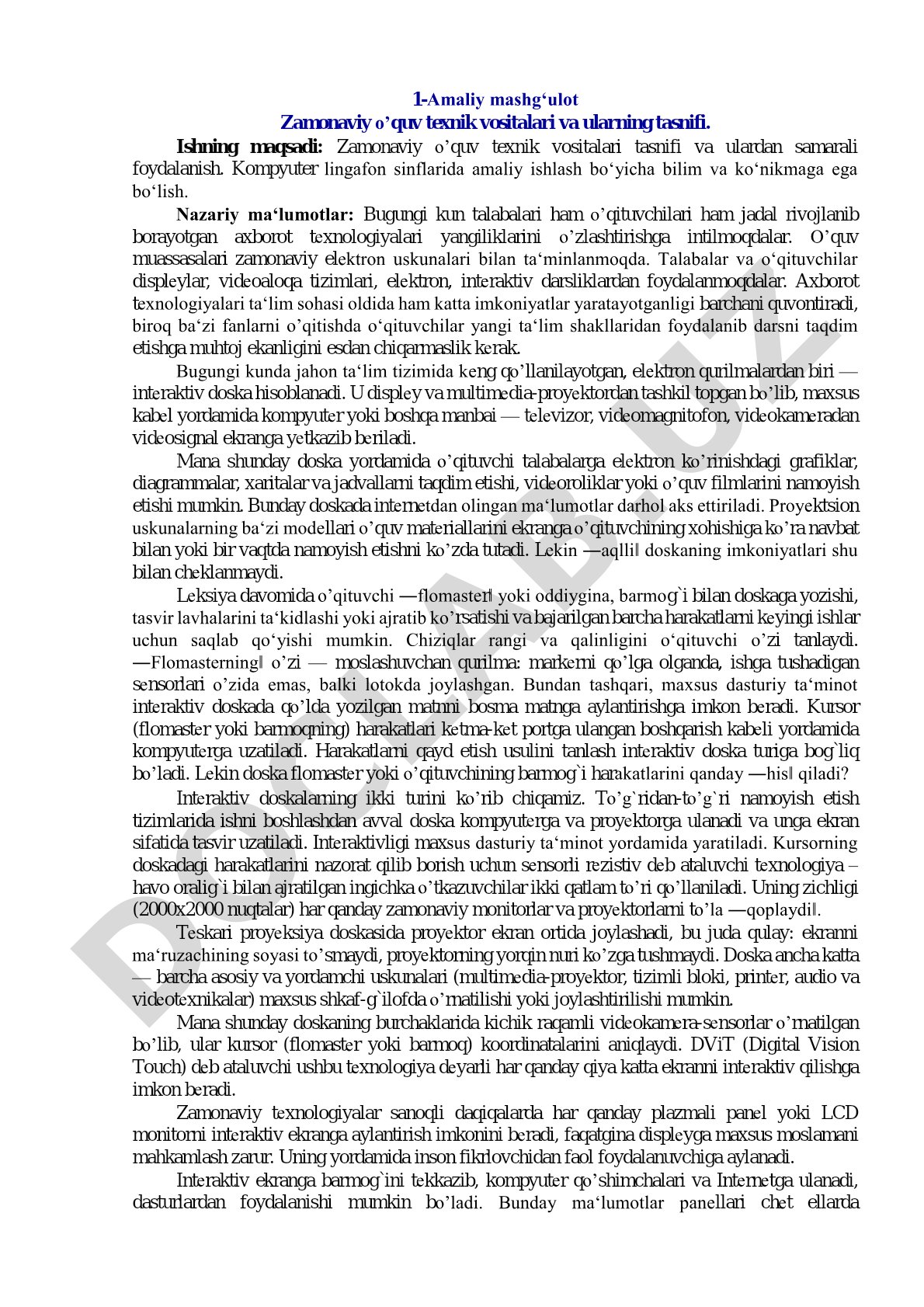1-Amaliy mashg‘ulot Zamonaviy o’quv texnik vositalari va ularning tasnifi