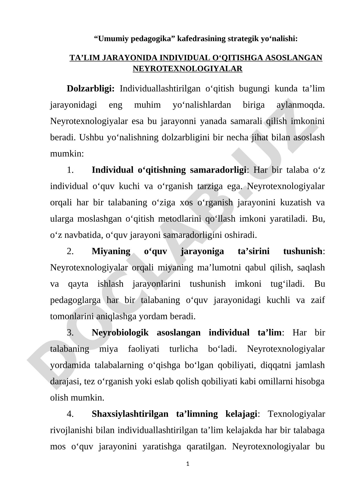 Ta’lim jarayonida individual o‘qitishga asoslangan neyrotexnologiyalar