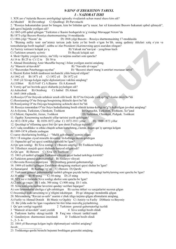 9-sinf O'zbekiston tarixi nazorat ishi