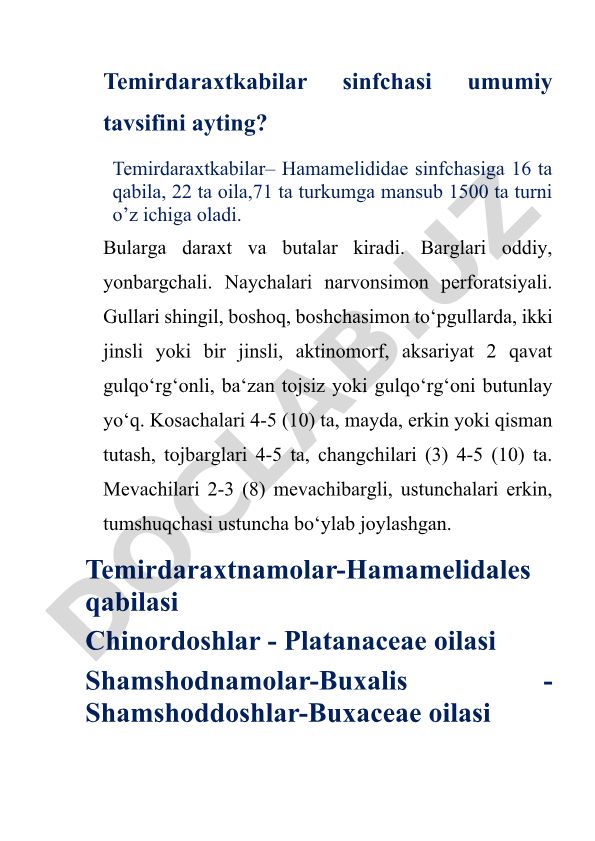 Temirdaraxtkabilar sinfchasi va Yong'oqdoshlar oilasining umumiy tavsifi