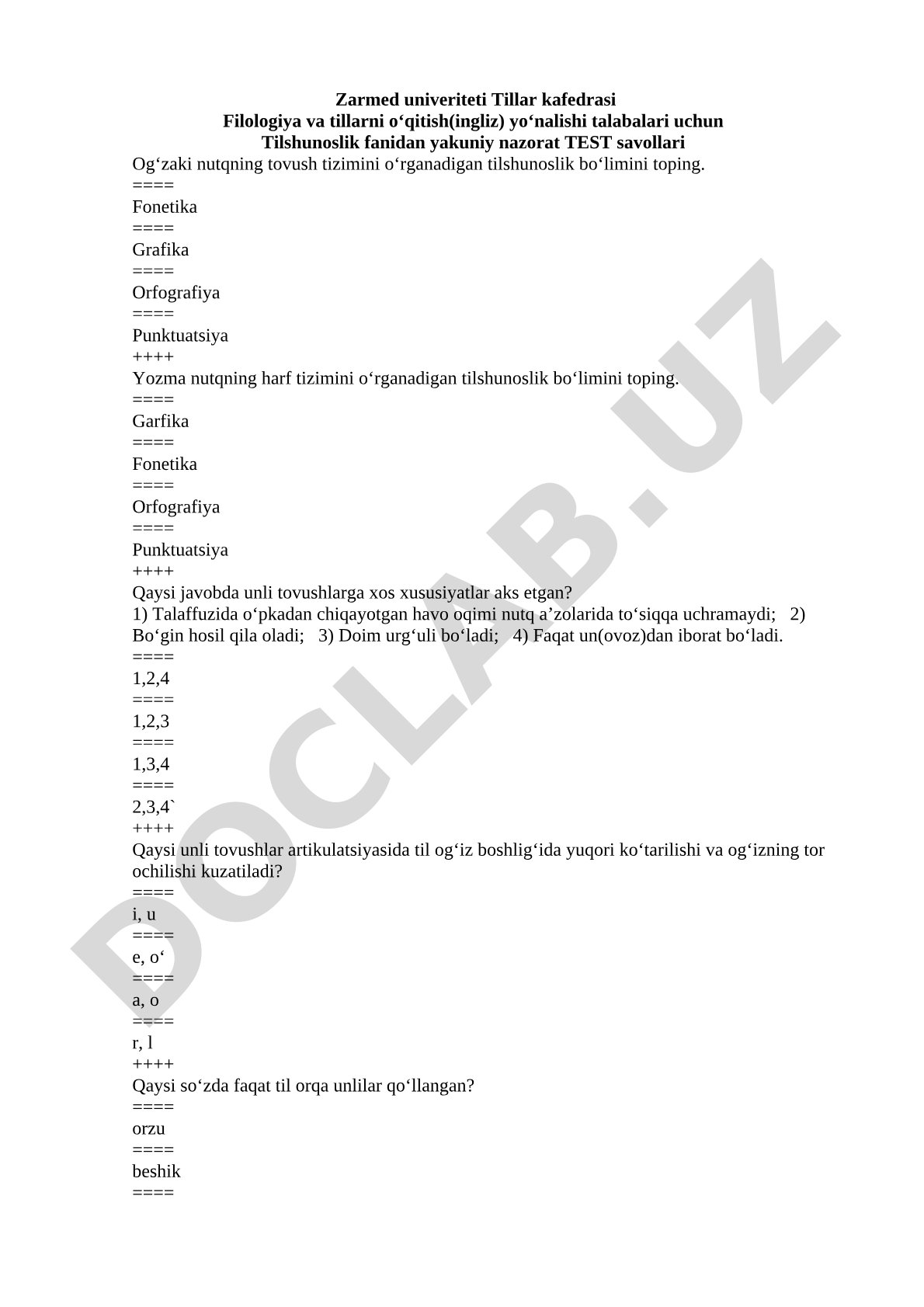 Tilshunoslik fanidan yakuniy nazorat TEST savollari