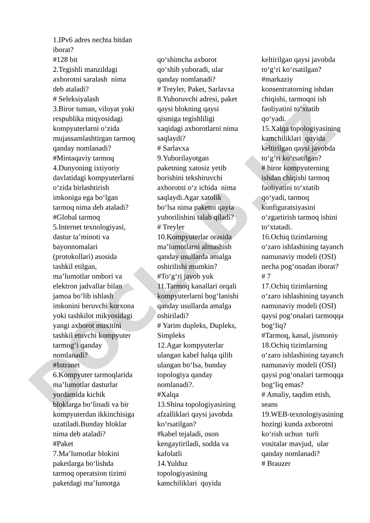 IPv6 manzili va kompyuter tarmoqlari haqida savollar