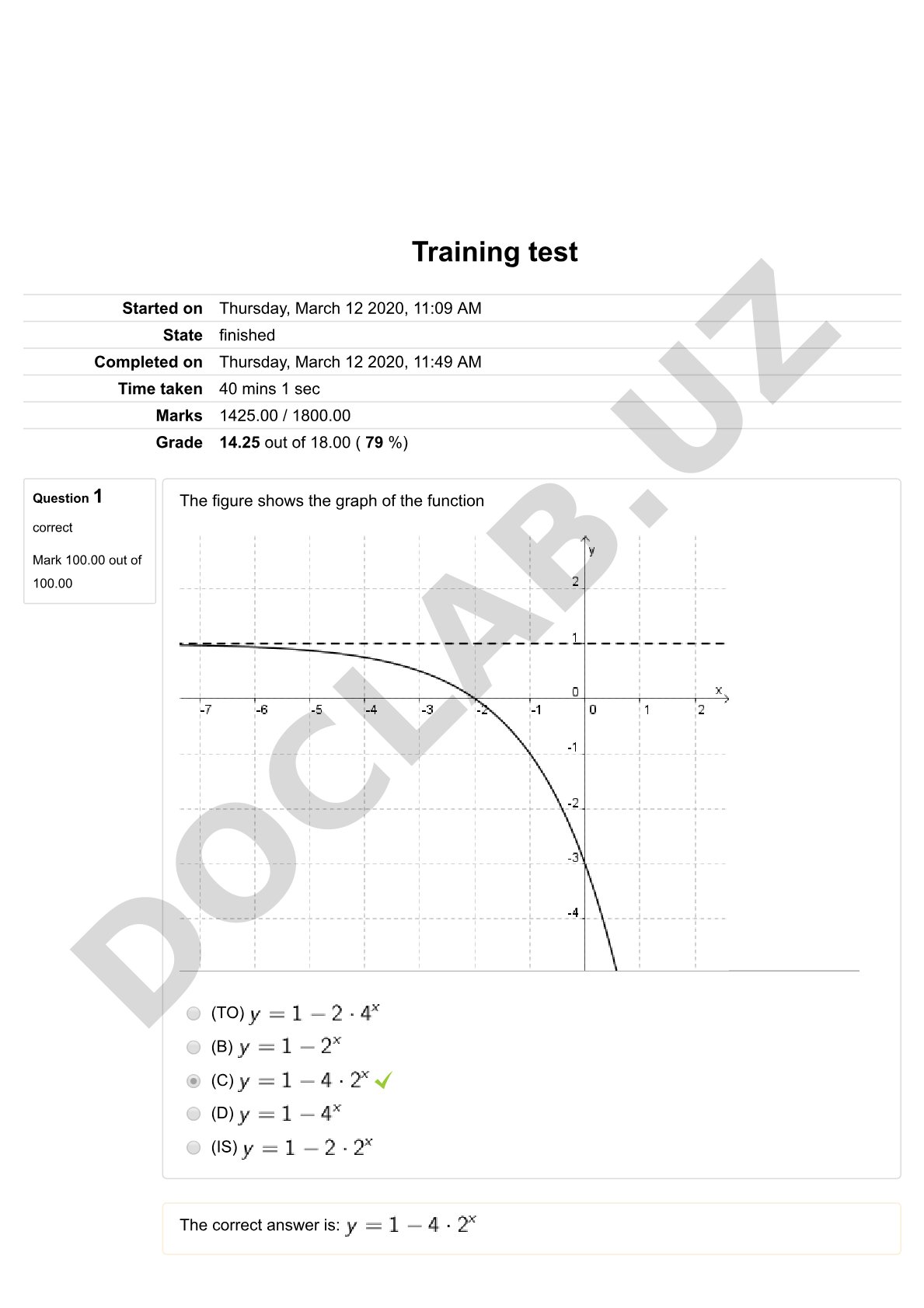 Mathematics training test with multiple choice questions