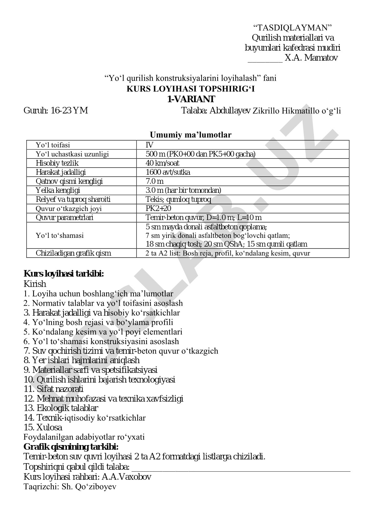 Yo'l qurilish konstruksiyalarini loyihalash