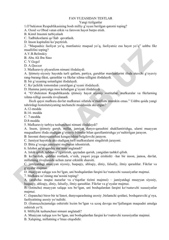 O'zbekiston Respublikasi mafkuraviy tarbiya va mafkuraviy plyuralizm testlari