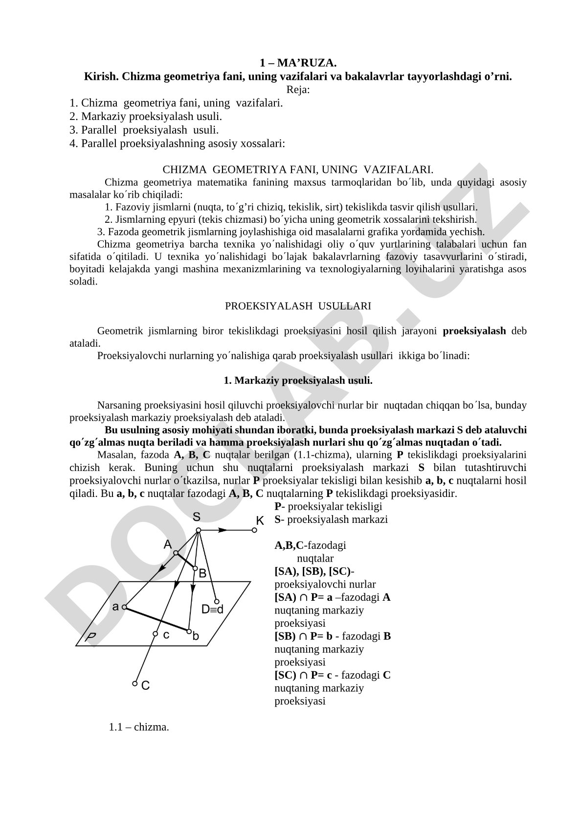 Chizma geometriya fani, uning vazifalari va proeksiyalash usullari