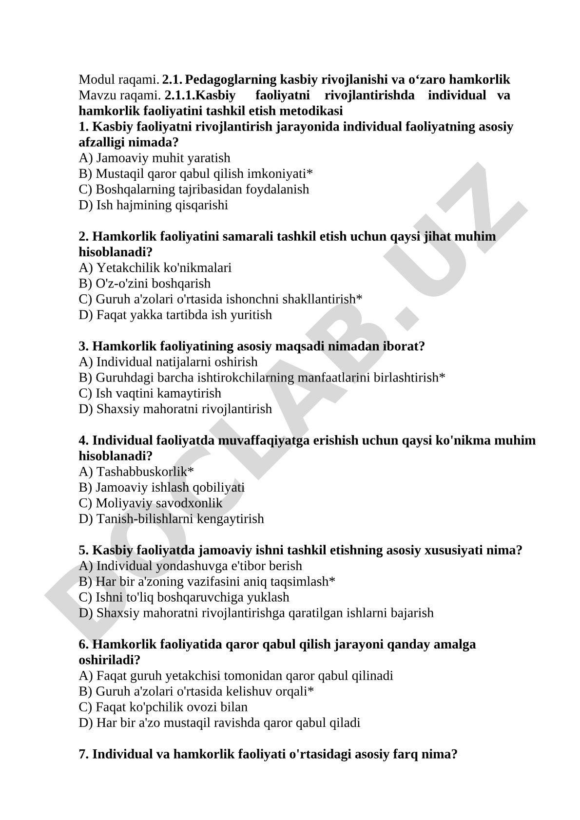 Kasbiy faoliyatni rivojlantirishda individual va hamkorlik faoliyatini tashkil etish metodikasi