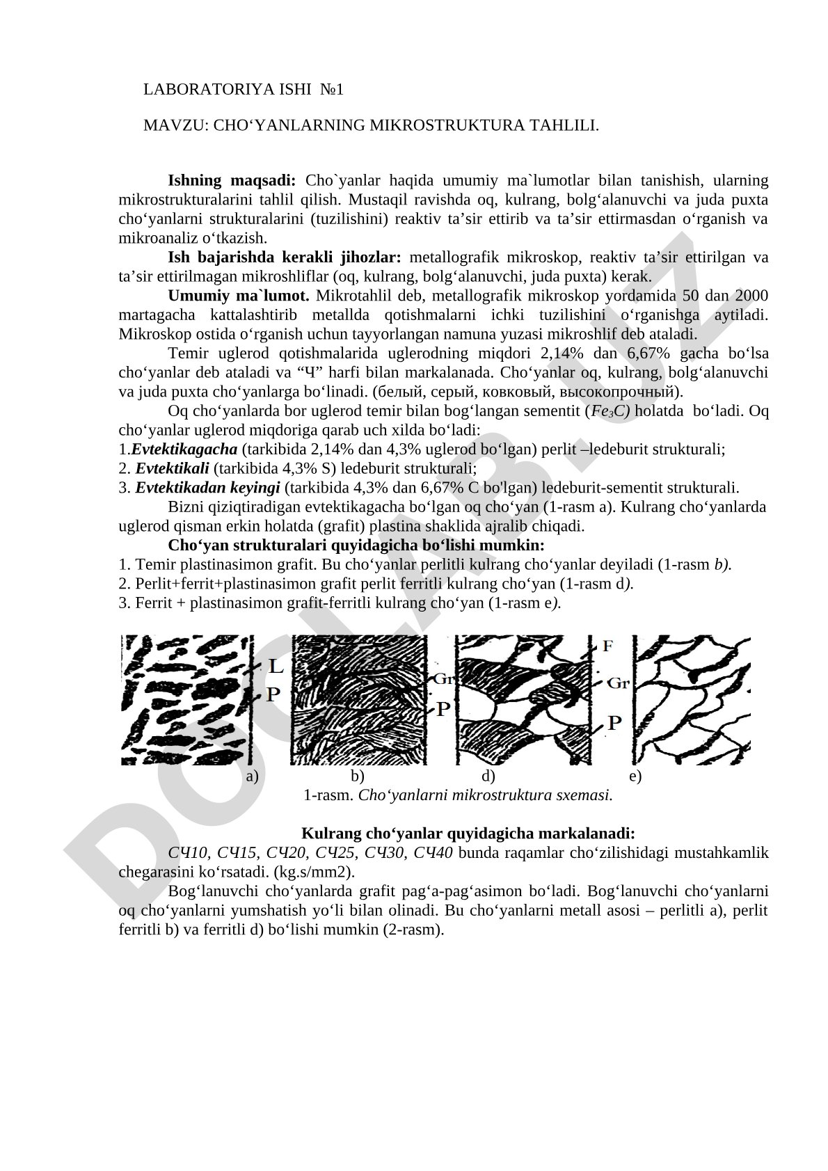 Cho'yanlarning turlari va mikrostrukturalarini metallografik mikroskop yordamida