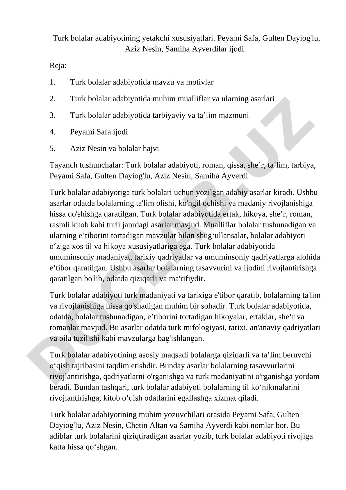 Turk bolalar adabiyotining yetakchi xususiyatlari