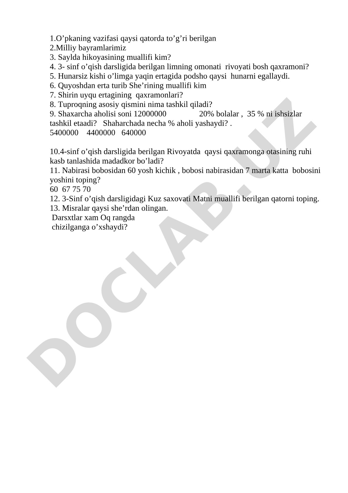 Boshlang'ich sinflar uchun test savollari
