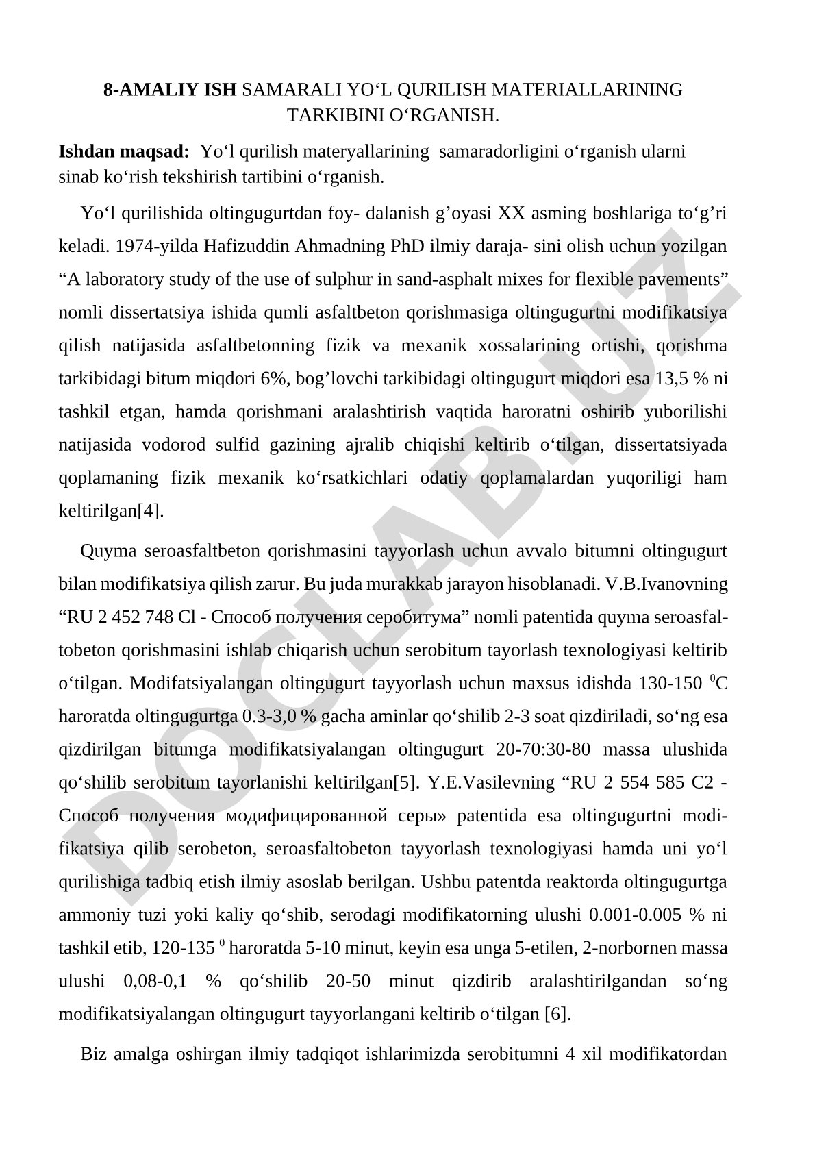 Yo‘l qurilish materyallarining tarkibini o‘rganish