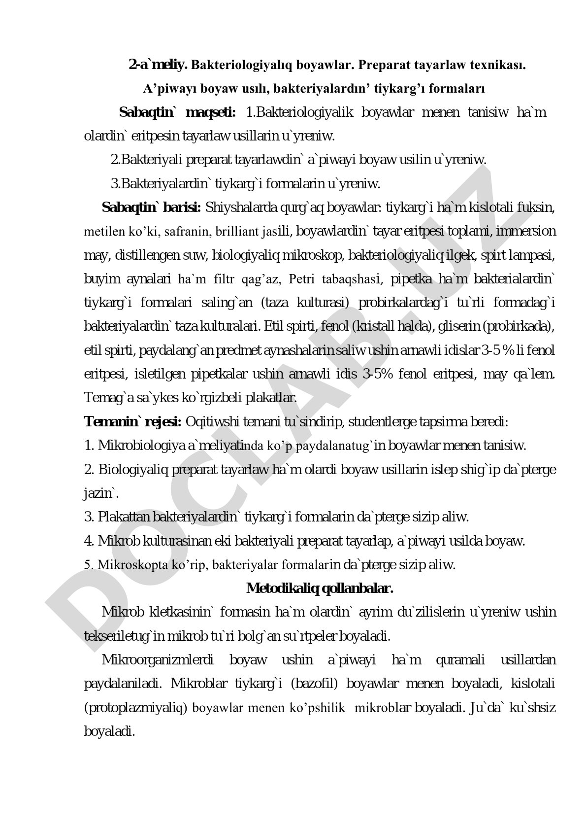 Bakteriologiyalıq boyawlar ha'm preparat tayarlaw texnikası