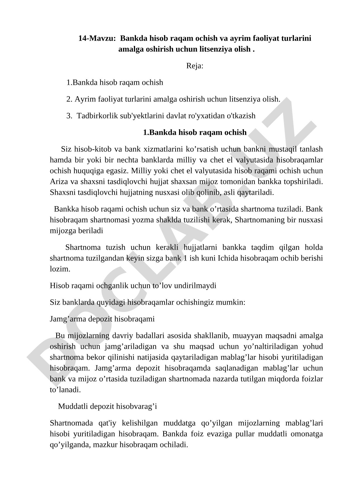 Bankda hisob raqam ochish va ayrim faoliyat turlarini amalga oshirish uchun litsenziya olish