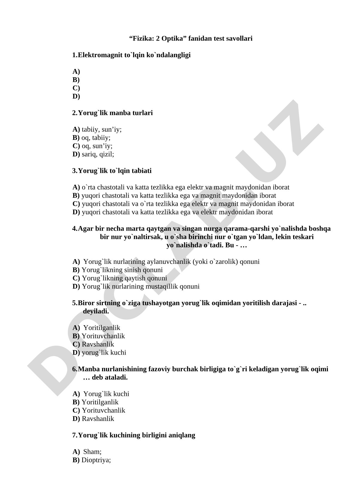 Fizika: Optika test savollari