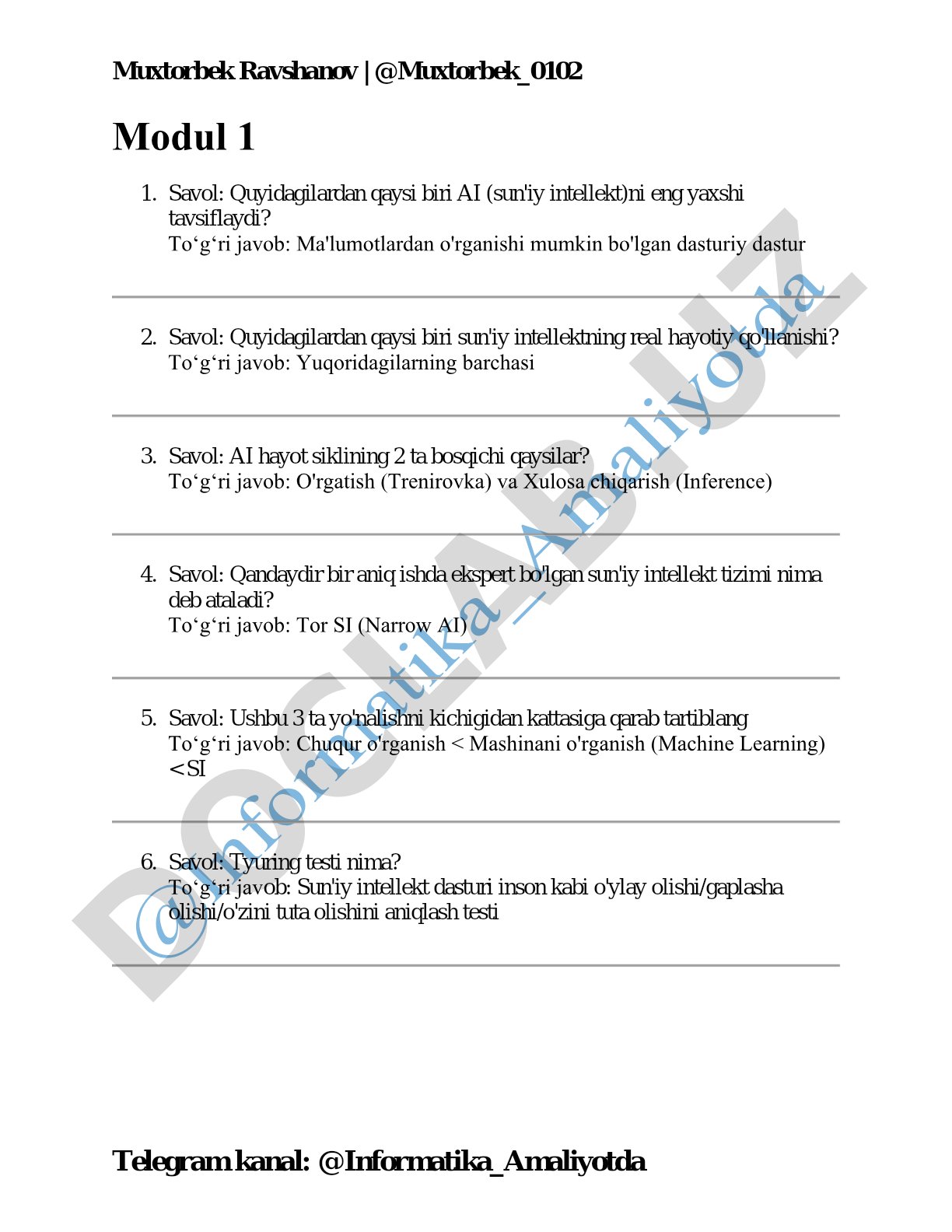 Sun'iy intellekt bo'yicha test savollari