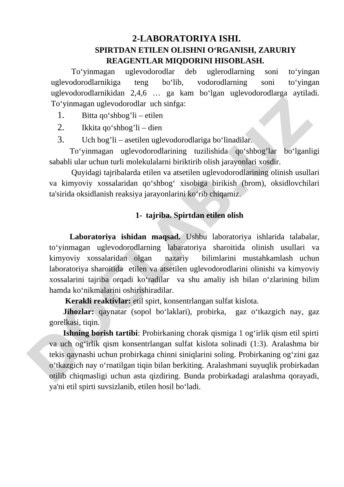 SPIRTDAN ETILEN OLISHNI O‘RGANISH, ZARURIY REAGENTLAR MIQDORINI HISOBLASH