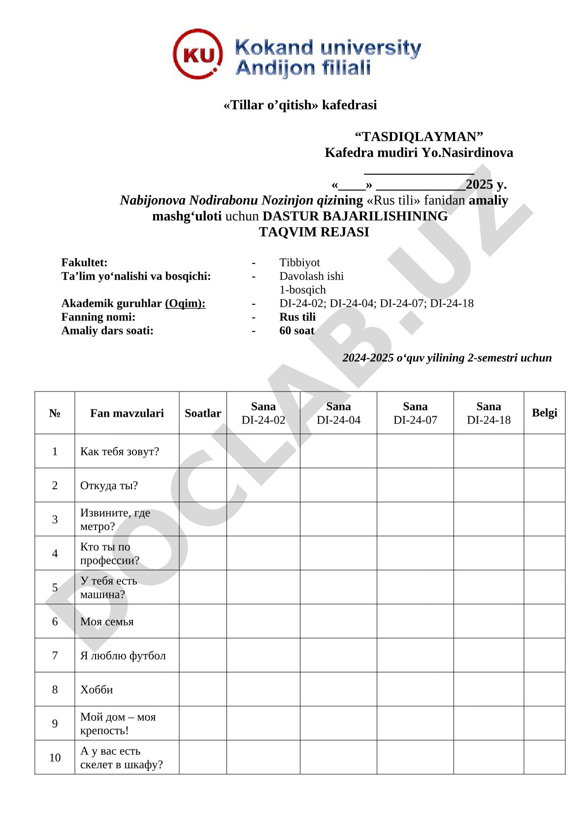 Rus tili fanidan amaliy mashg'ulotlar taqvim rejasi