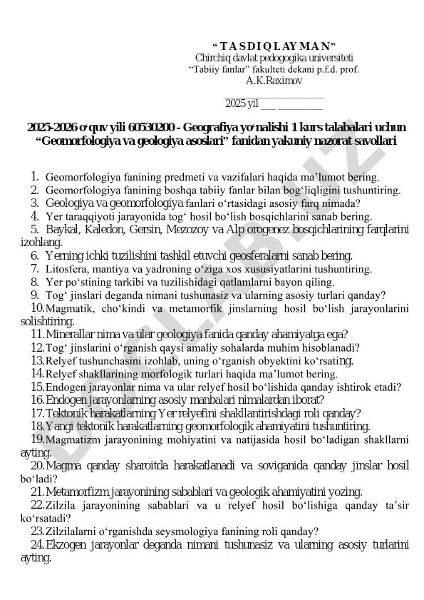Geomorfologiya va geologiya asoslari fanidan yakuniy nazorat savollari