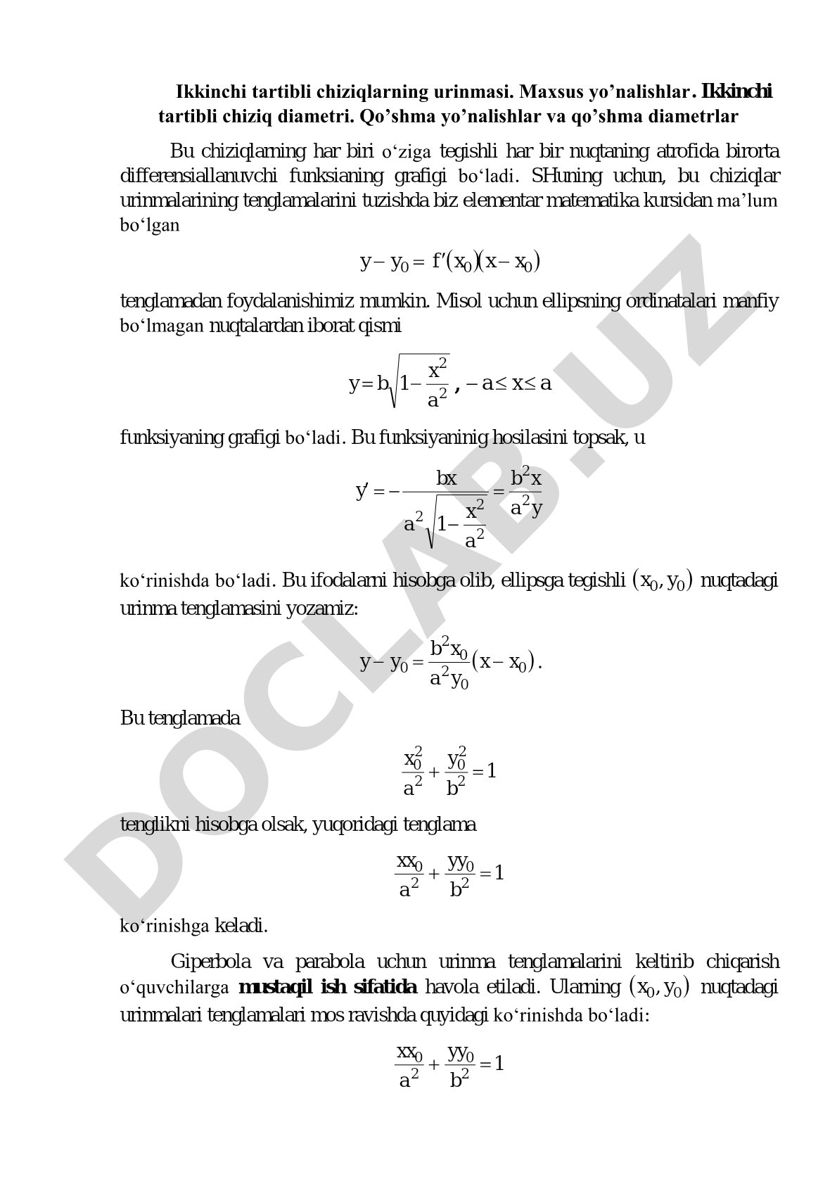 Ikkinchi tartibli chiziqlarning urinmasi