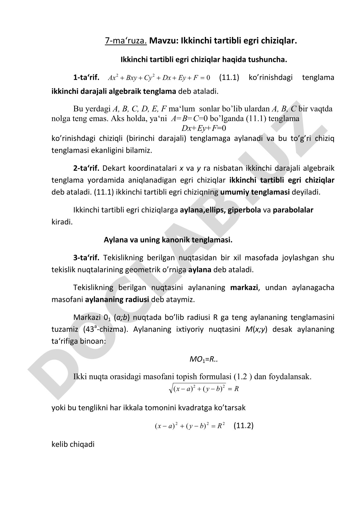 Ikkinchi tartibli egri chiziqlar