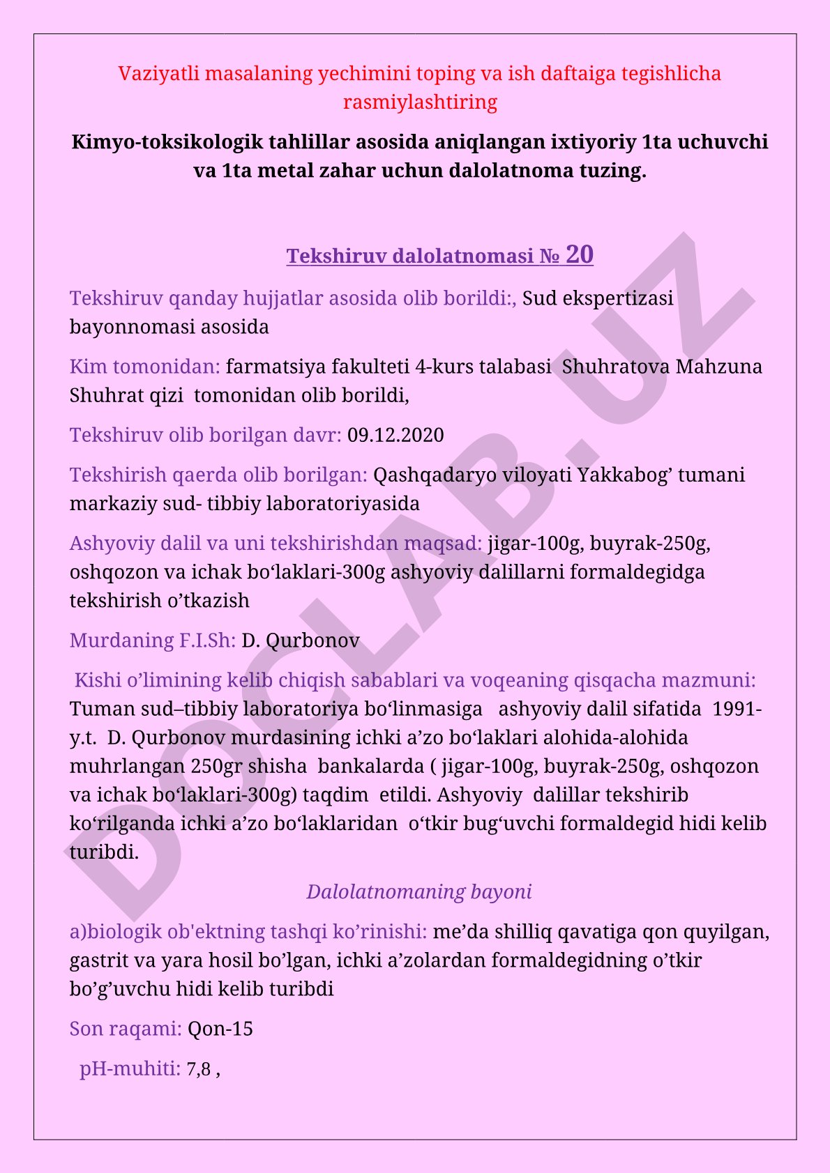 Kimyo-toksikologik tahlillar asosida aniqlangan uchuvchi va metal zahar uchun dalolatnoma