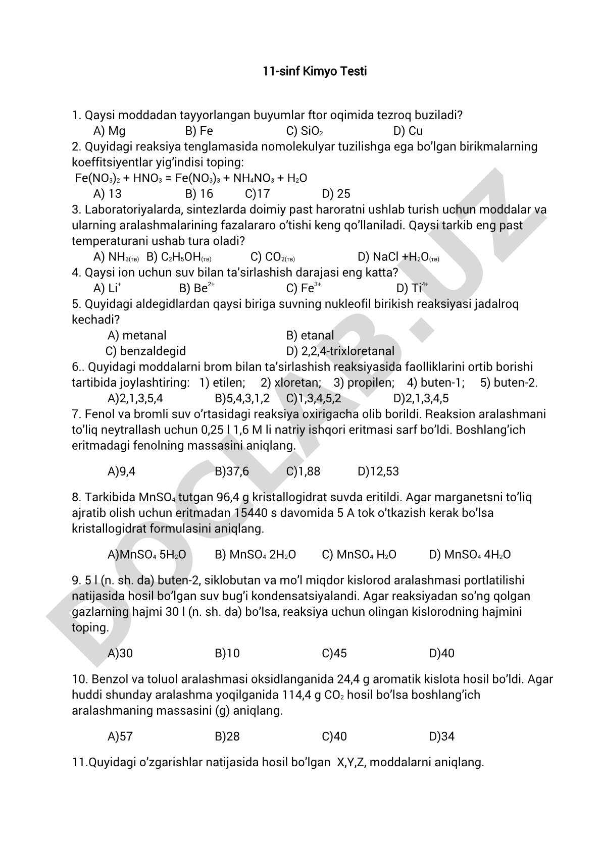 11-sinf biokimyo testi