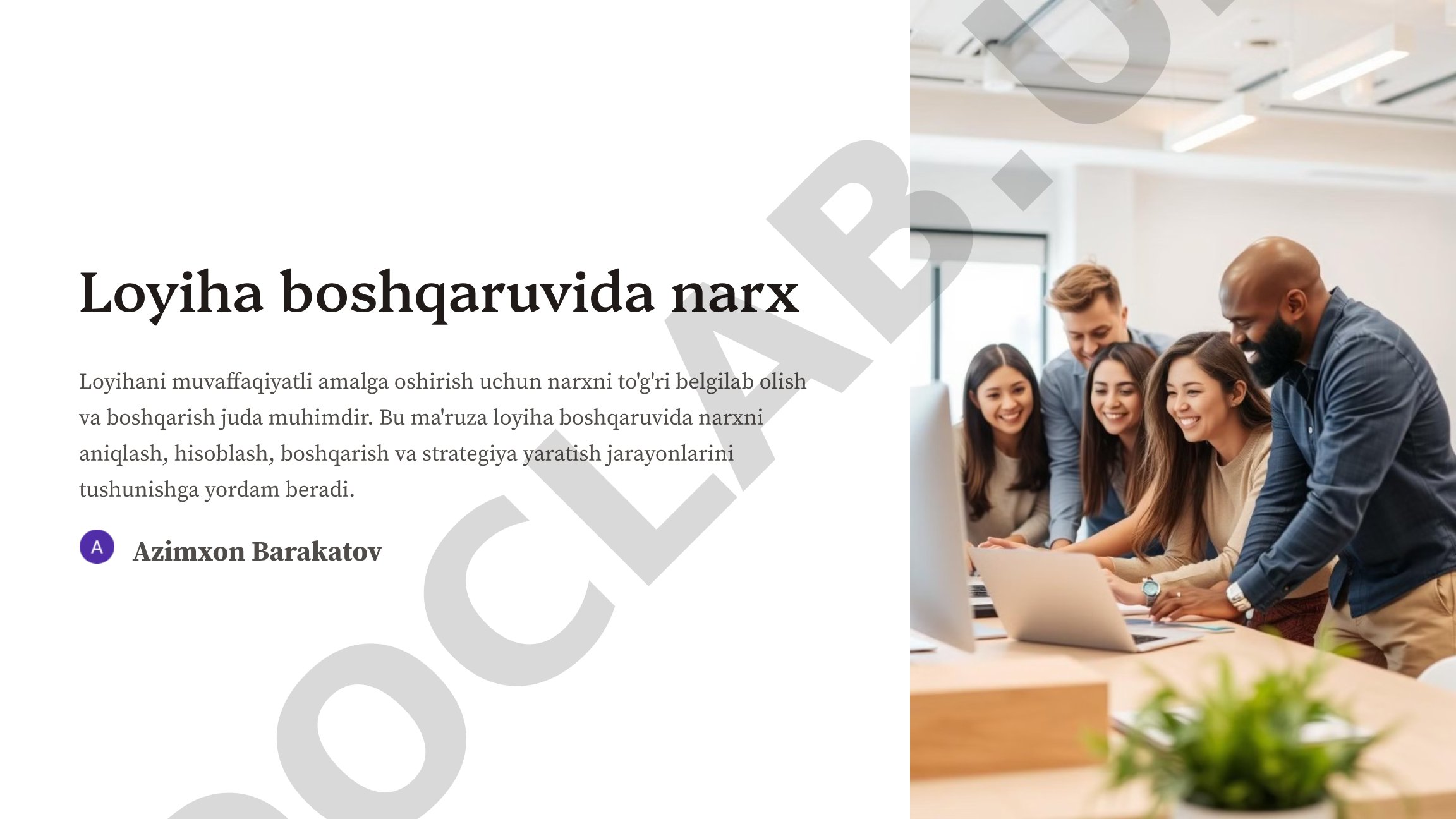 Loyihada narxni aniqlash, hisoblash, boshqarish va strategiya jarayonlari yoritilgan