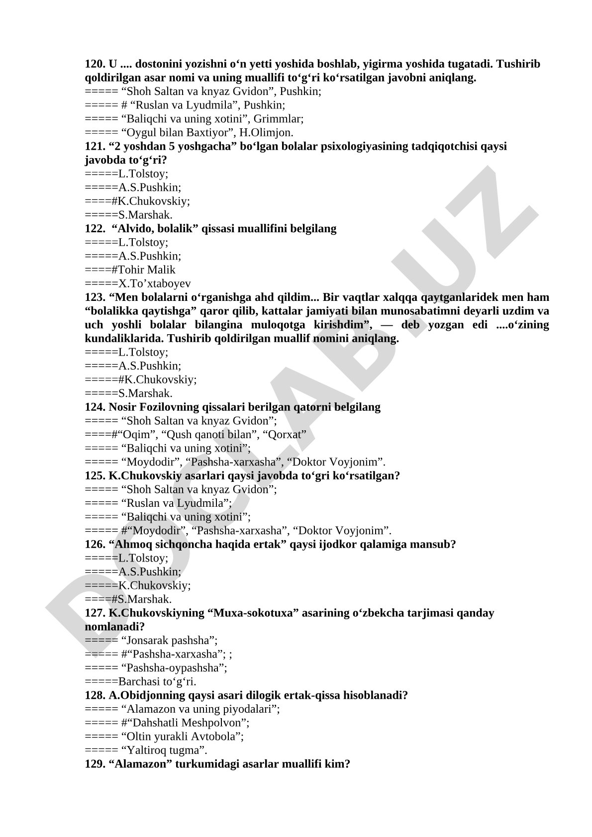 Adabiyot va bolalar psixologiyasi test savollari