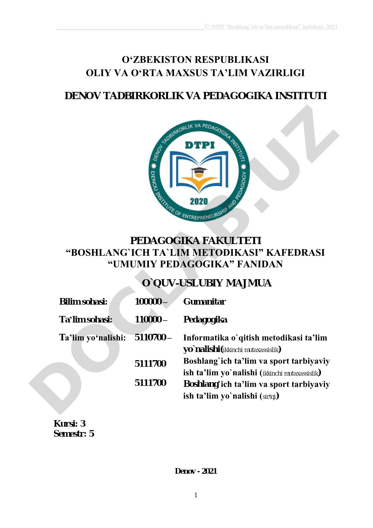 Umumiy pedagogika fanidan o'quv-uslubiy majmua