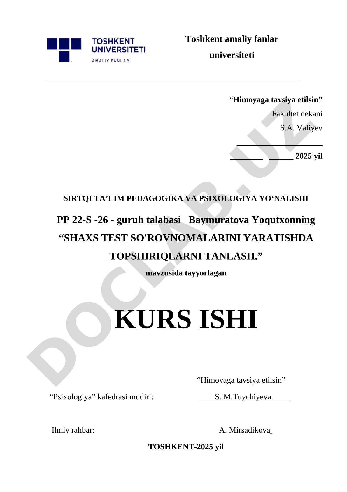 Shaxs test so'rovnomalarini yaratishda topshiriqlarni tanlash