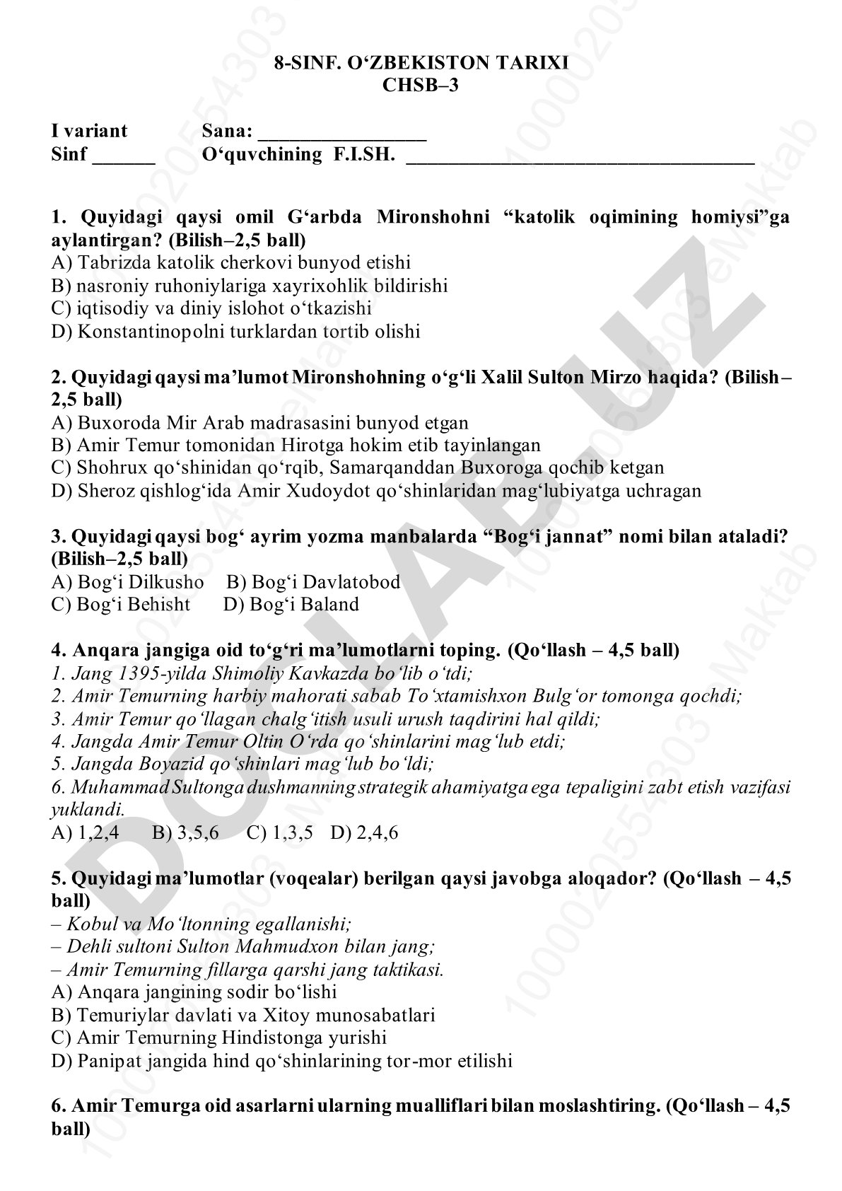 8-sinf O‘zbekiston tarixi CHSB–3 I variant