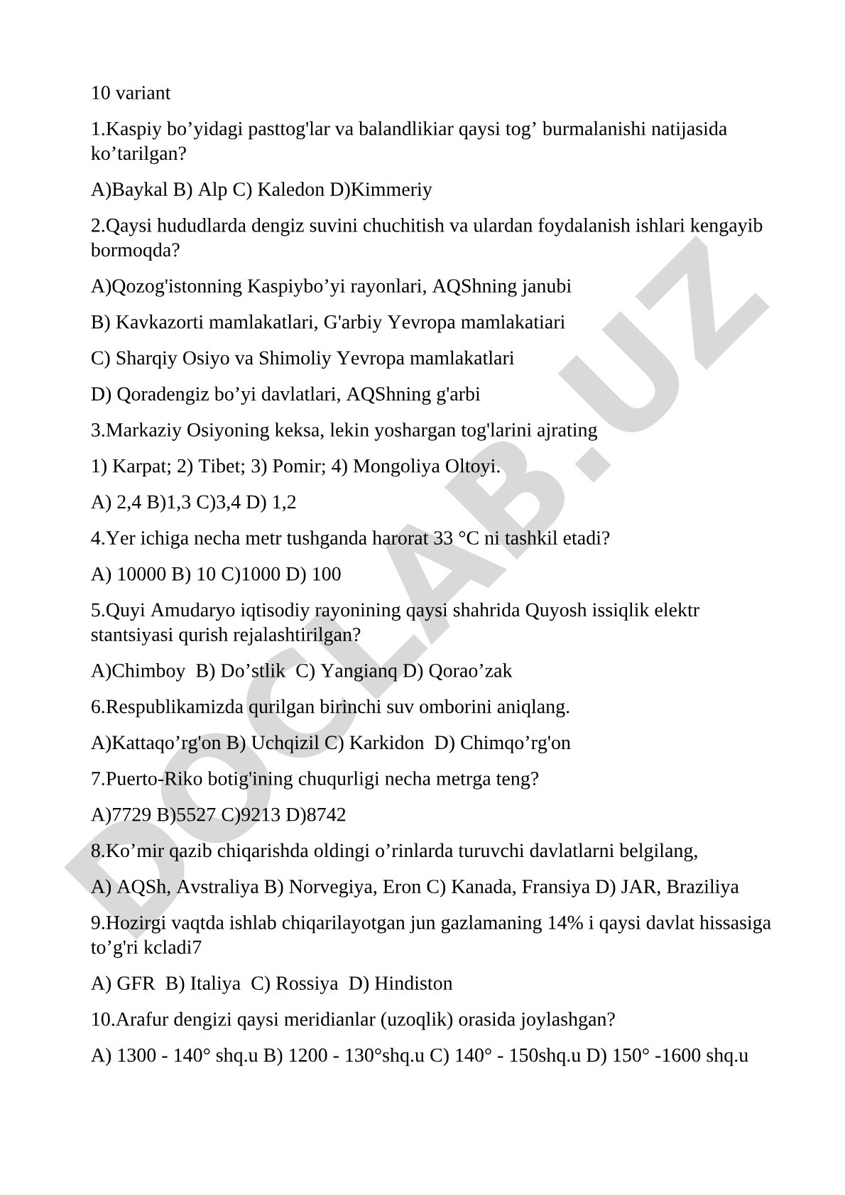Geografiyadan 10-variant test savollari