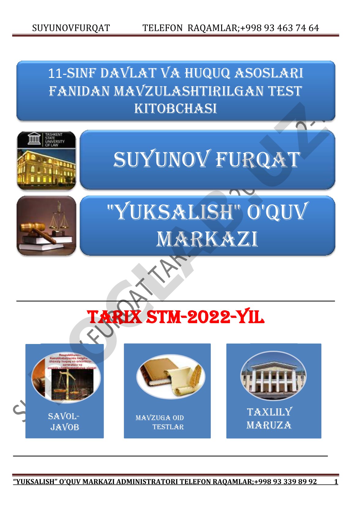 Davlat va huquq asoslari fanidan mavzulashtirilgan test kitobchasi