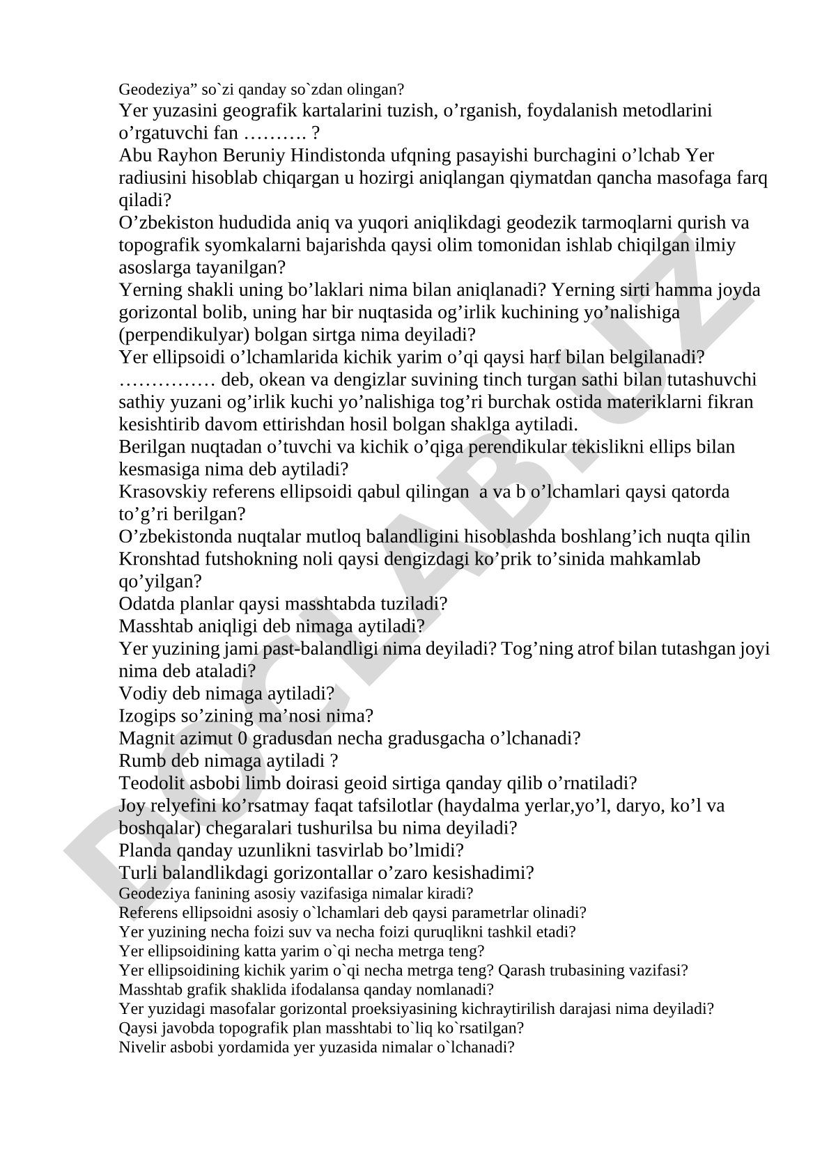 Geodeziya fanidan Yer shakli va ellipsoid haqida savollar