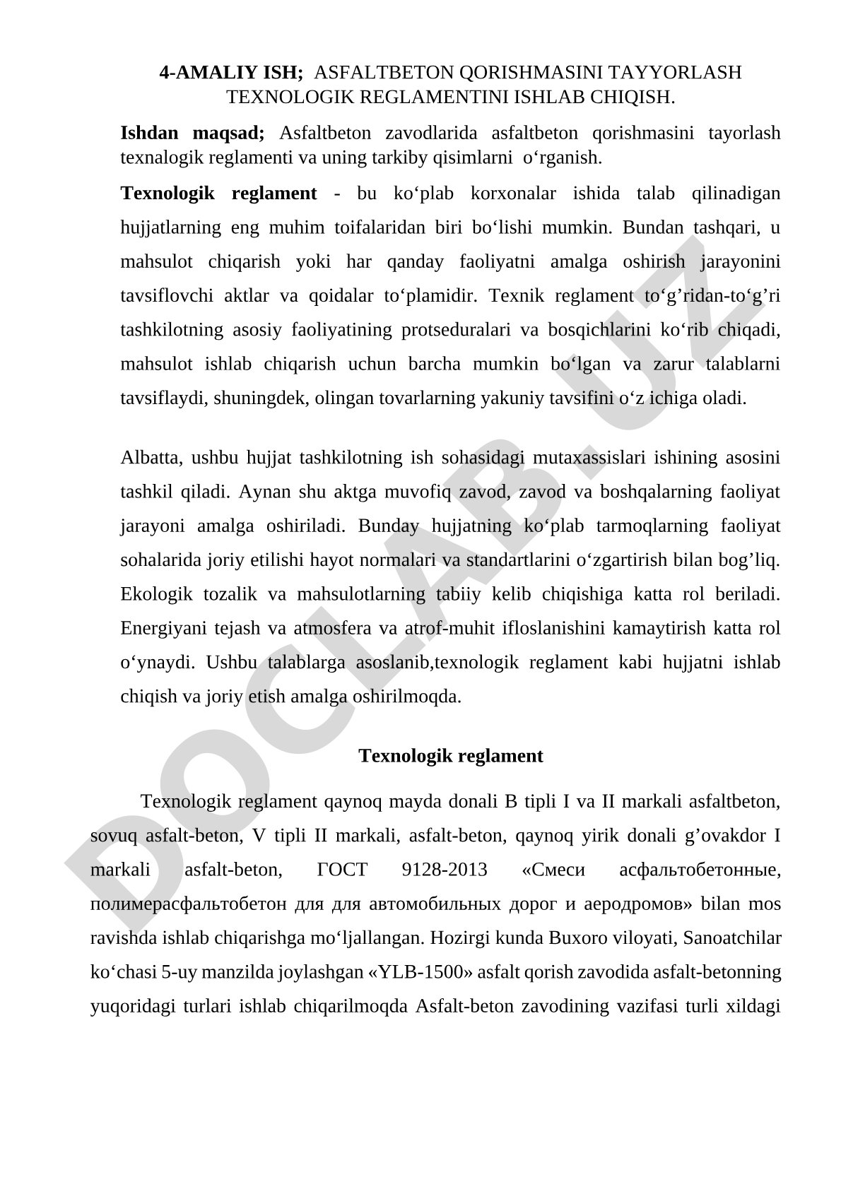 Asfaltbeton qorishmasini tayyorlash texnologik reglamentini ishlab chiqish