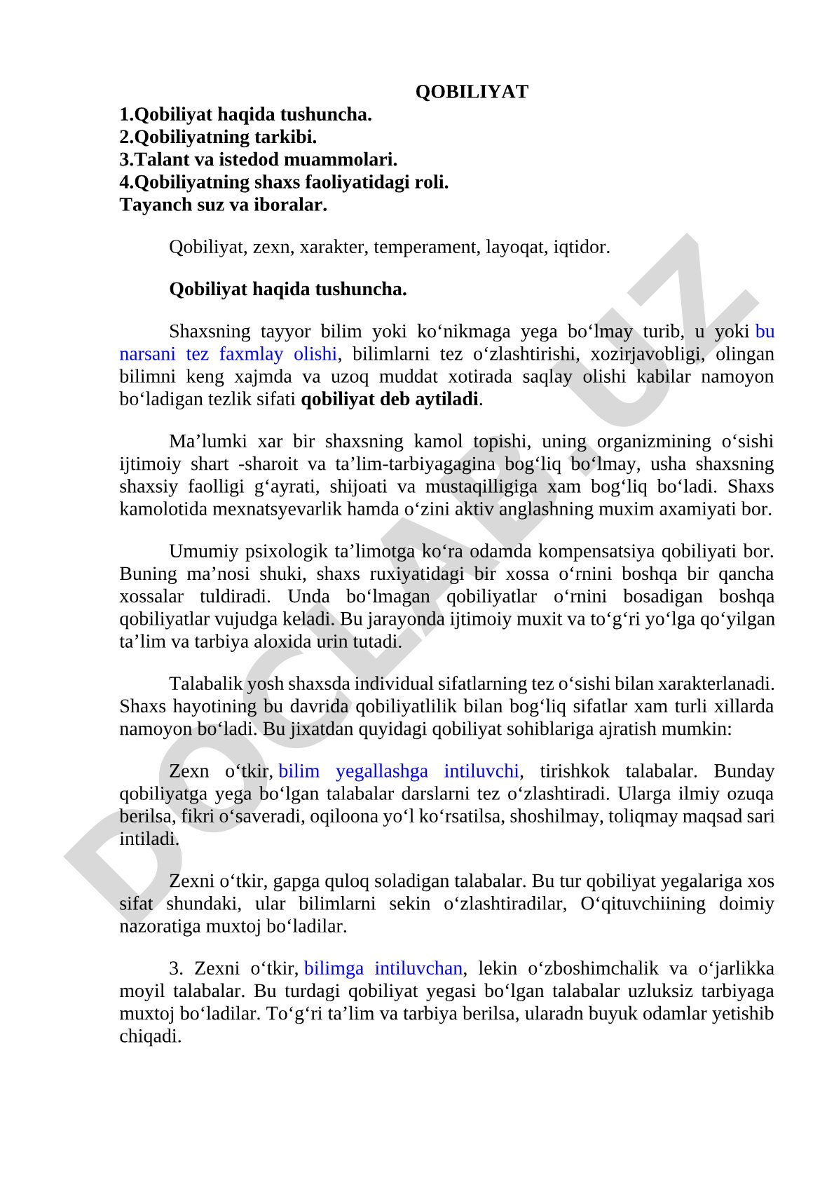 Qobiliyat haqida tushuncha, tarkibi, talant va istedod muammolari, shaxs faoliyatidagi