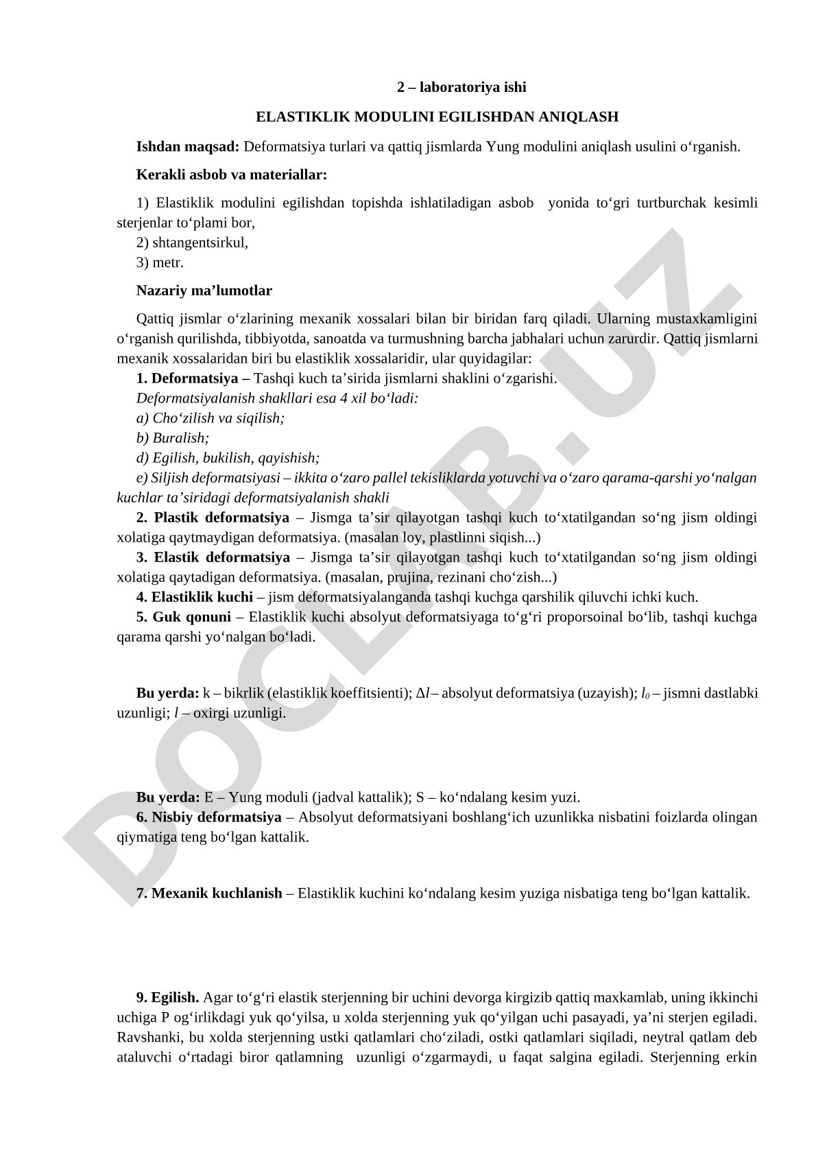 Elastiklik modulini egilishdan aniqlash