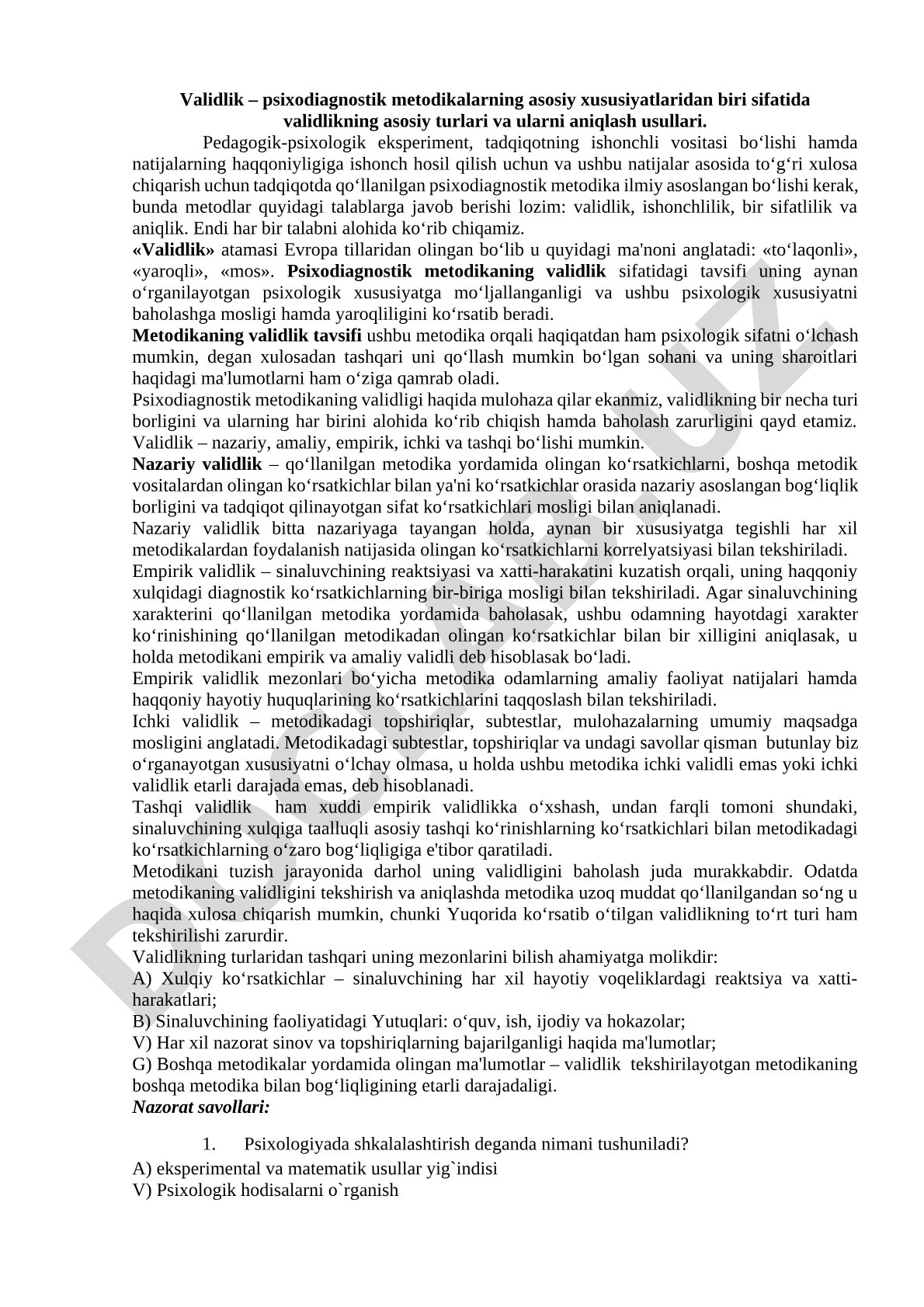 Validlikning asosiy turlari va ularni aniqlash usullari