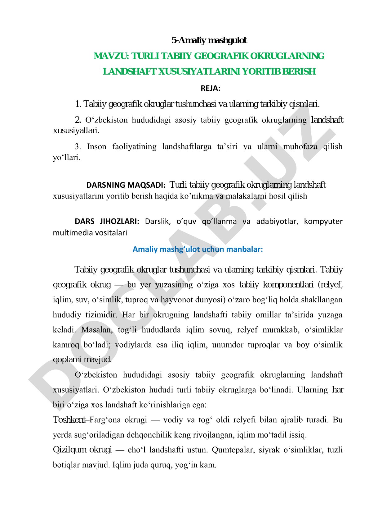 Turli tabiiy geografik okruglarning landshaft xususiyatlarini yoritib berish